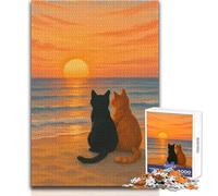 1000 Pieces Jigsaws Adults Puzzles Gifts Cats Watching Sunset at The Beach Educational Family Game Difficult Challenge Gifts Ideas Size 50x75cm