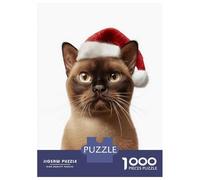 1000 Pieces Jigsaws Adults Puzzles Gifts Festive Burmese Cat in Santa Hat Jigsaw Puzzle Fun Games For Family Fun Gifts for Friends And Family 52x38cm/1000pcs