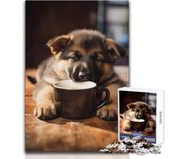 1000 Pieces Jigsaws Adults Puzzles Gifts German Shepherd Coffee Pup Educational Family Game Difficult Challenge Gifts Ideas Size 50x75cm