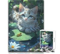 1000 Pieces Jigsaws Adults Puzzles Gifts Kitten And Frog on Lily Pad Calming Enjoyable Free Time Premium Accurate Cut Play Toy Size 38x26cm