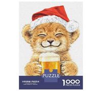 1000 Pieces Jigsaws Adults Puzzles Gifts Lion Cub in Santa Hat with Beer Jigsaw for Adults Brain Teaser Game Perfect Decoration Challenging To Complete 38x26cm/1000pcs