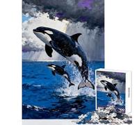1000 Pieces Jigsaws Adults Puzzles Gifts Orcas Leaping from The Ocean Painting DIY Toys Gift For Birthdays Educational Games Challenging To Complete Size 38x26cm