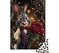1000 Pieces Jigsaws Adults Puzzles Gifts Rabbit Holding Roses Greeting Card Jigsaw Puzzle Brain Teaser Game Precision Cutting Educational Challenge 70x50cm/1000pcs