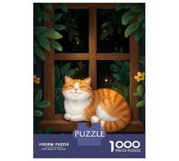 1000 Pieces Jigsaws Adults Puzzles Gifts Smiling Cat on Window Sill Jigsaws for Adults Anti-Stress Toys Difficult Challenge Challenging To Complete 38x26cm/1000pcs