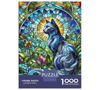 1000 Pieces Jigsaws Adults Puzzles Gifts Stained Glass Blue Cat Puzzle for Adults Relax Games For Family Fun Gifts for Friends And Family 38x26cm/1000pcs