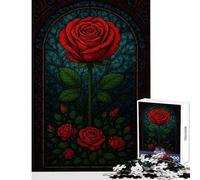 1000 Pieces Jigsaws Adults Puzzles Gifts Stained Glass Red Rose Illustration Educational Game Staycation Kill Time Home Decoration Toys for Is Ideal As A Gifts (38X26CM)