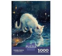 1000 Pieces Jigsaws Adults Puzzles Gifts White Cat Drinking Water at Night Jigsaws for Adults Fun Games For Family Fun Great Gift for Gaming 52x38cm/1000pcs