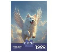 1000 Pieces Jigsaws Adults Puzzles Gifts Winged Samoyed Dog Flying in Sky Samoyed Angel Heavenly Tribute Art Jigsaws for Adults Anti-Stress Toys Difficult Challenge Challenging To Complete 52x38cm/1