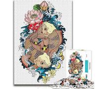 1000 Pieces Jigsaws Adults Puzzles Koi Fish with Lotus Flower Illustration Hand Speed Race Impossible Game for And from 14 Years And over (size 50x75cm)