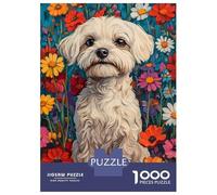 1000 Pieces Jigsaws Adults Puzzles Maltese in Wildflower Meadow Dog Wall Art Print White Dog in Flower Field Jigsaw for Adults Fun Games Staycation Kill Time Unique Gifts for Birthday And Christmas