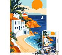 1000 Pieces Jigsaws Adults Puzzles Peaceful Sail by The Mediterranean Coast Minimalist Travel Art Illustration Puzzles for Teenagers Staycation Kill Time Train Your Brain And Hands Unique