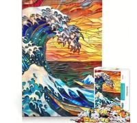 1000 Pieces Jigsaws Adults Puzzles Stained Glass Hokusai Wave, Hands-on Game, Precision Cutting, Birthday Present, Gifts, 38x26cm