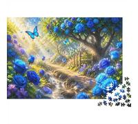 1000 Pieces Mini Jigsaw Puzzle Blue Roses Butterflies Pathway for Adults | 52x38cm Cardboard Home Decor Durable Structure Birthday Gift Stress Relief
