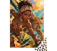 1000 Pieces Mini Jigsaw Puzzle Tribal Woman Cheetah for Adults | 52x38cm Cardboard, Living Room Decor, Durable Structure, Gathering Gift, Mind Relaxation