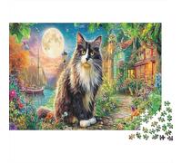 1000 Pieces Moonlit Cat Dream Jigsaw for Adults Paper Relaxation Brain Puzzle Cat Under Moon Paper Jigsaw Home Decor Stress Relief 52x38cm/1000pcs