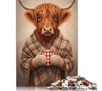 1000 Pieces Paper Jigsaw Puzzle Cozy Highland Cow with Hot Cocoa Puzzles Adults Jigsaws Puzzles Toys Great Christmas And Birthday Gifts for Family 38x26cm/1000pcs