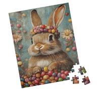 1000 Pieces Puzzle - Brown Bunny With Flowers And A Crown Of Jelly Beans - Jigsaw Puzzle. Relaxing Gift For Easter, Birthday, Animal Lovers, Kids, And Get Well