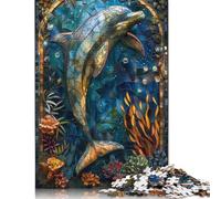 1000 Pieces Puzzle for Adults Stained Glass Dolphin Jigsaw Puzzles for Adults Puzzle Paperboard Puzzles Educational Game Challenge Toy 38x26cm/1000pcs