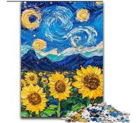 1000 Pieces Puzzle Gifts Van Gogh Sunflowers at Night Wooden Jigsaw Puzzles for Adults 50X75CM Ideal for Lover, Perfect Christmas, New Year, Valentine's Gift