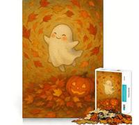 1000 Pieces Puzzles for Adults Autumn Leaves Cute Halloween Ghost Neat Cut Decor Cognitive Teaser Toy Free Time Play Birthday Art Gift (50x75cm)