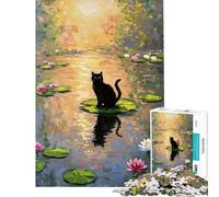 1000 Pieces Puzzles for Adults Black Cat on Lily Pad Painting Jigsaw Puzzle Brain Teaser Game Analysis And Logic Unique Gifts for Birthday And Christmas (Size 38x26cm)