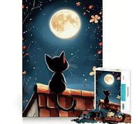 1000 Pieces Puzzles for Adults Black Cat Under Full Moon Perfect Edge Play, Brain Teasing Play, Idle Play Game, Xmas Scene Art (38x52cm)