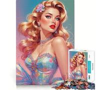 1000 Pieces Puzzles for Adults Blond Pin-Up in Floral Dress Tight Cut Fun, Logic Thinking Play, Leisure Fun Time, Xmas Scene Art (50x75cm)