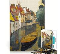 1000 Pieces Puzzles for Adults Boat in Canal with Buildings Perfect Edge Play, Brain Teasing Play, Idle Play Game, Xmas Scene Art (38x26cm)