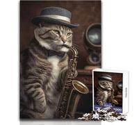 1000 Pieces Puzzles for Adults Cat Plays Saxophone Cozy Soothing Indoor Downtime Advanced Precision Cut Play Toy Size 38x26cm