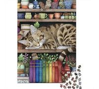 1000 Pieces Puzzles for Adults Cozy Cat on Bookshelf Jigsaw Puzzle Hands-on Game Home Decoration Unique Gifts for Birthday And Christmas 52x38cm/1000pcs