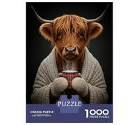 1000 Pieces Puzzles for Adults Cozy Highland Cow with Hot Drink Jigsaw Puzzle Family Games Difficult Hard Unique Gifts for Birthday And Christmas 70x50cm/1000pcs