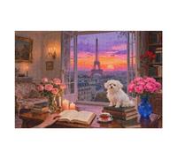 1000 Pieces Puzzles for Adults,Eiffel Tower Dusk Reading Scene Puzzles,Large Piece Puzzle for Seniors,Cute Puppy Jigsaw Puzzles for Women Ages 8-10,Challenging Family Games, 30 X 20 in