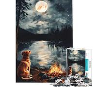 1000 Pieces Puzzles for Adults Golden Retriever Dog by Campfire Under Full Moon Addictive Toys to Cultivate Patience Family Game Stress Reliever Birthday Gifts (Size 50x75cm)