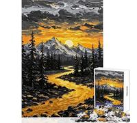 1000 Pieces Puzzles for Adults Golden River Mountain Sunset Painting Family Game Tough Challenge Anti-Stress Toys with Matching Poster And Trivia Sheet (38X26cm)