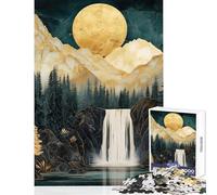 1000 Pieces Puzzles for Adults Golden Waterfall Landscape Gilded Moon with Kintsugi Mountains And Marble Sky Educational Games Suitable for Couples Home Decoration Toys Birthday Present,Trav