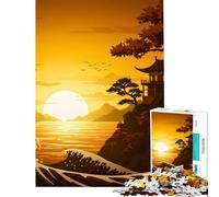 1000 Pieces Puzzles for Adults Japanese Temple Sunset Ocean Waves Brain Intelligence Challenge Addictive Toys Relax Games Learning Educational Birthday Gifts (Size 38x26cm)