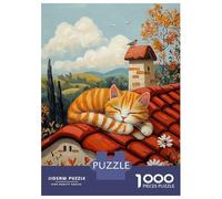 1000 Pieces Puzzles for Adults Lazy Rooftop Cat - Naïf Cozy Countryside Art Jigsaws for Adults Relax Games Enhance Memory Unique Gifts for Birthday And Christmas 70x50cm/1000pcs