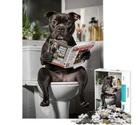1000 Pieces Puzzles for Adults Staffordshire Terrier on The Toilet Reading Newspaper for Educational Game Challenge Toy Hands-on Game Home Art Decor Secret Santa Gifts (Size 38x26cm)