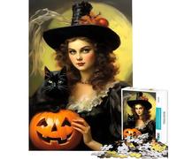 1000 Pieces Puzzles for Adults Vintage Halloween Witch with Black Cat Brain Intelligence Challenge Addictive Toys Fun Games Family Activities Secret Santa Gifts (Size 38x52cm)