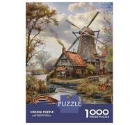 1000 Pieces Puzzles for Adults Windmill River Cottage Scene Adult Puzzles Brain Teaser Game Enhance Memory Unique Gifts for Birthday And Christmas 52x38cm/1000pcs