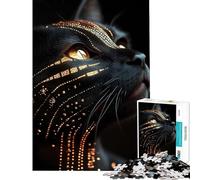 1000 Pieces Puzzles for Teenagers Abyssinian Black Cat with Golden Pattern Toy Intellectual Game Educational Games Stress Reliever Birthday Gifts (Size 38x26cm)