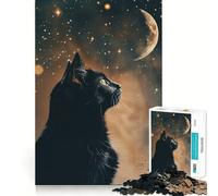 1000 Pieces Puzzles for Teenagers Black Cat Gazing at The Moon Tight Fit Play Mind Skill Fun Leisure Fun Time Christmas Home Art (38x52cm)