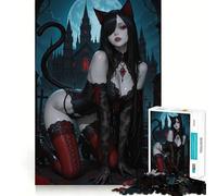 1000 Pieces Puzzles for Teenagers Black Cat Girl in Gothic Setting Sharp Cut Art Cognitive Play Gift Calm Play Time Xmas Decor Gift (50x75cm)