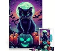 1000 Pieces Puzzles for Teenagers Black Cat Halloween Sharp Cut Art Cognitive Play Gift Calm Play Time Xmas Decor Gift (38x52cm)
