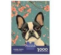 1000 Pieces Puzzles for Teenagers Boston Terrier with Cherry Blossoms Art Boston Terrier Art Puzzles for Adults Relaxing Games Staycation Kill Time Deal As Gifts for The Whole Family 38x26cm/1000pcs