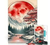 1000 Pieces Puzzles for Teenagers Cabin by The Lake with Red Moon Sharp Cut Art Cognitive Play Gift Calm Play Time Xmas Decor Gift (50x75cm)
