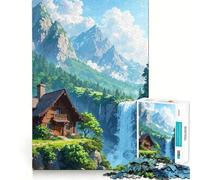 1000 Pieces Puzzles for Teenagers Cabin by Waterfall in Mountain Landscape Sharp Cut Craft Cognitive Fun Play Idle Time Game Christmas Home Art (38x52cm)