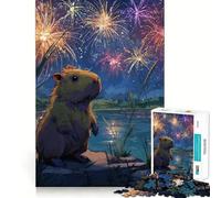 1000 Pieces Puzzles for Teenagers Capybara Watching Fireworks Illustration Sharp Cut Craft Cognitive Fun Play Idle Time Game Christmas Home Art (38x26cm)