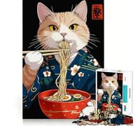 1000 Pieces Puzzles for Teenagers Cat Eating Ramen in Kimono Sharp Cut Craft Cognitive Fun Play Idle Time Game Christmas Home Art (50x75cm)
