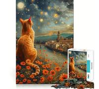 1000 Pieces Puzzles for Teenagers Cat Gazing at Florence Night Sky Sharp Cut Craft Cognitive Fun Play Idle Time Game Christmas Home Art (38x26cm)